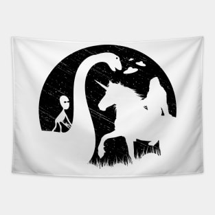 Bigfoot Riding Unicorn With Alien Loch Ness Monster Tapestry