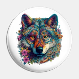 colorful wolf with flowers Pin