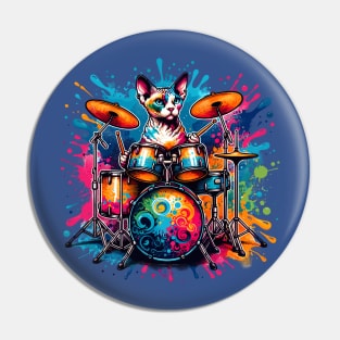 Devon Rex Cat Playing Drums Pin