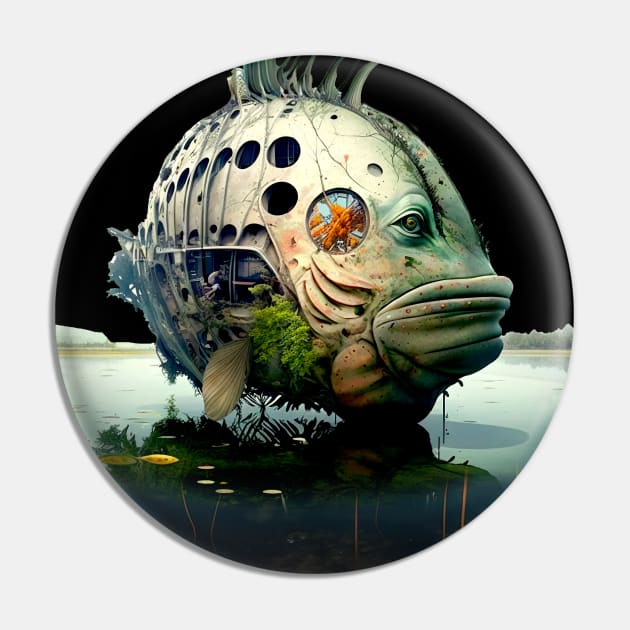 The Armored Angler: The Future of Fish on a Dark Background Pin by Puff Sumo