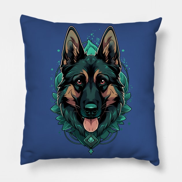 German Shepherd Dog Teal Pillow by Psitta