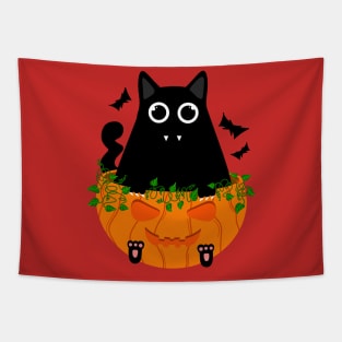 Cute Spooky Black Cat with Fangs Sits in Halloween Pumpkin Tapestry