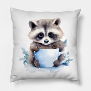 Blue eyes raccoon with a cup of coffee watercolor Pillow