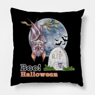 Boo! Halloween, a Bat and a Grave Pillow