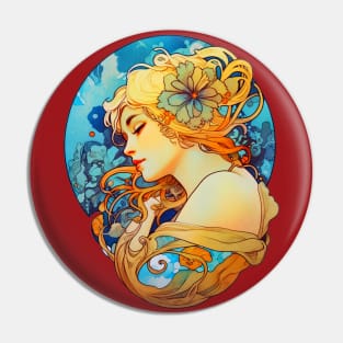 Alphonse Mucha Inspired Art Nouveau Girl With Flower In Her Hair Pin