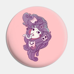 Dreamy Girl Head With Cats And Snake Art Pin