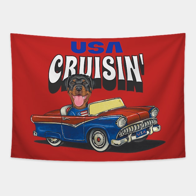 Funny and cute Rottweiler Rottie dog driving a classic car cruising the USA Tapestry by Danny Gordon Art