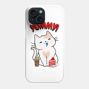 Cute white cat is having coffee and cake Phone Case