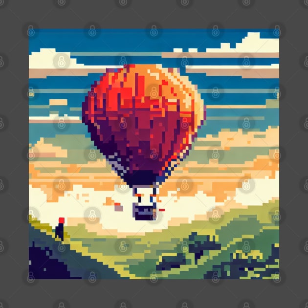 A person taking a hot air balloon ride over the countryside pixel art by maricetak