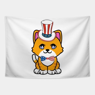 Funny orange cat is ready for independence day Tapestry