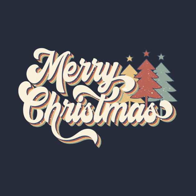 Retro Vintage 70s Merry Christmas Trees Typography by Jasmine Anderson