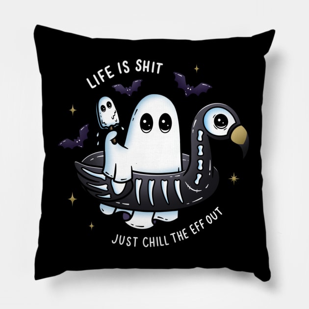 Life is Sh*t Just Chill the Eff Out Ghost Flamingo Floatie Pillow by moonstruck crystals