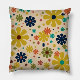 Flowerama - Retro Floral Pattern in Midcentury Modern Mustard, Olive, Orange, Teal, and Beige Pillow