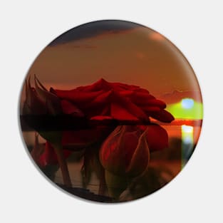 Romantic landscape with red roses over Danube sunset in water reflection Pin