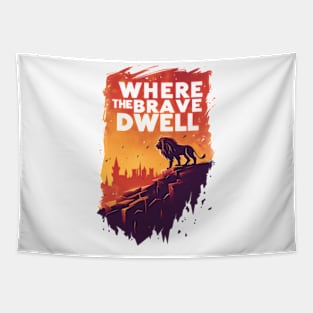 Where the Brave Dwell - Lion on a Hill - Red Backdrop - Fantasy Tapestry