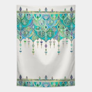 Art Deco Double Drop in Jade and Aquamarine on Cream Tapestry