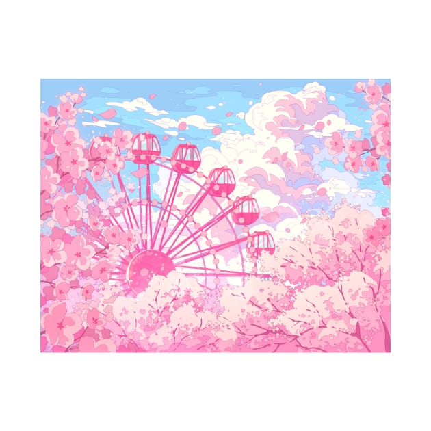 The Ferris Wheel,clouds and pink cherry blossom by AnGo