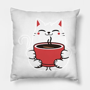 Cute White Cat Enjoying Coffee Fun Cartoon Art Pillow