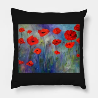 Red Poppies Blue Fog Pillow