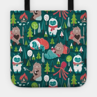 Besties // pattern // green background white Yeti brown Bigfoot aqua yellow green and teal pine trees red and coral details Tote