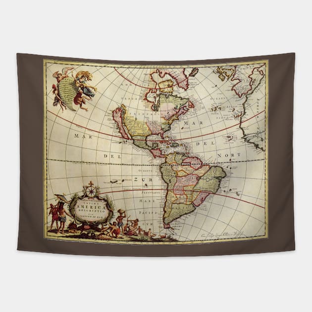 Antique Map of the Americas by Johannes De Ram Tapestry by MasterpieceCafe