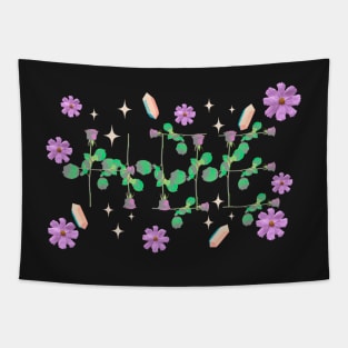 Hoe blue roses on stems with gems and purple flowers black bg 2 Tapestry