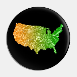 Colorful mandala art map of the United States of America in green and orange Pin