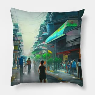 A Painting of a Street in Bangkok, Thailand Pillow