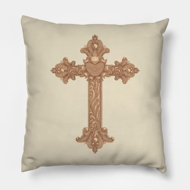 Golden Christian wooden cross with heart and floral ornamental. Easter, symbol of Christianity,. hand drawing vintage engraving style illustration Pillow by Ardiyan nugrahanta