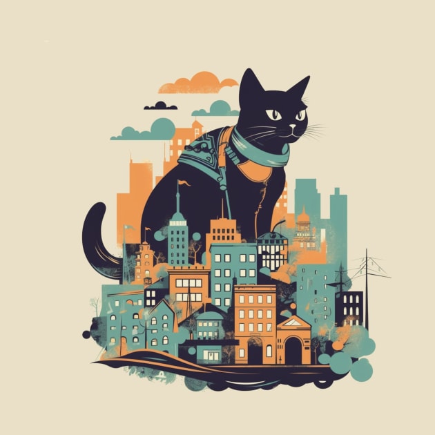 Black cat sitting in front of a colourful city by Unelmoija