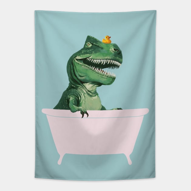 Playful T-Rex in Bathtub in Green Tapestry by bignosework