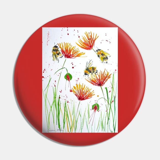 Bumble bees and Red and Yellow Flowers Pin by Casimirasquirkyart