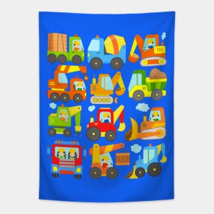 Kids Construction Design with Many Cars, Vehicles and Machines Tapestry