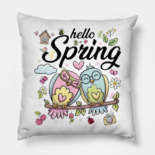 Hello Spring Cute Birds With Flowers Pillow