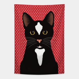 The cute and alert black and  white cat is waiting and watching you , red and white dotted background Tapestry