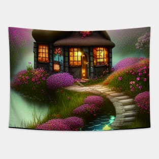 Sparkling Fantasy Cottage with Lights and Glitter Background in Forest, Scenery Nature Tapestry