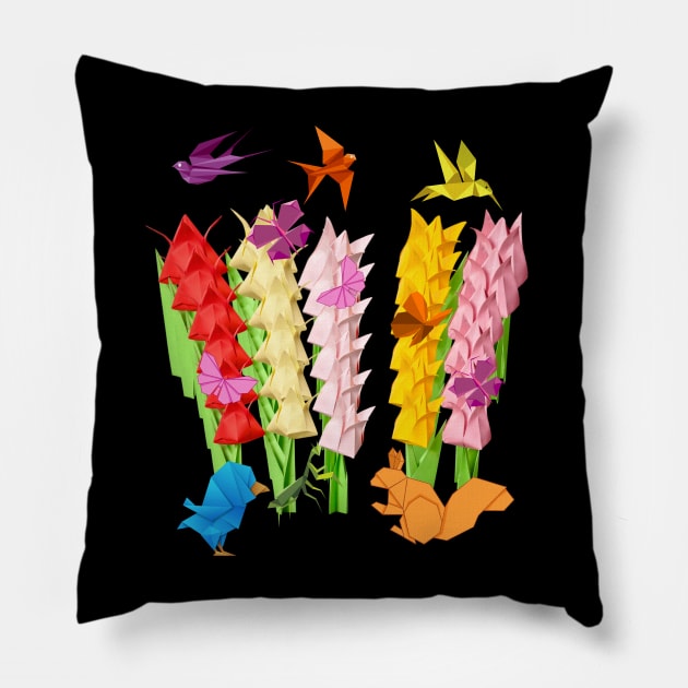 ORIGAMI TULIP FIELD WITH SOME FRIENDS Pillow by KutieKoot T's