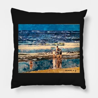 Woman with her children, Santa Monica Beach Pillow