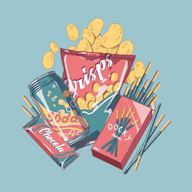 My delecious snack riends: crisps, soda drinks and some sweet chocolate (blue background) by AnGo