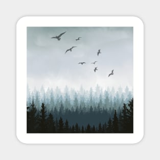 Cloudy or misty forest with pine trees and birds Magnet