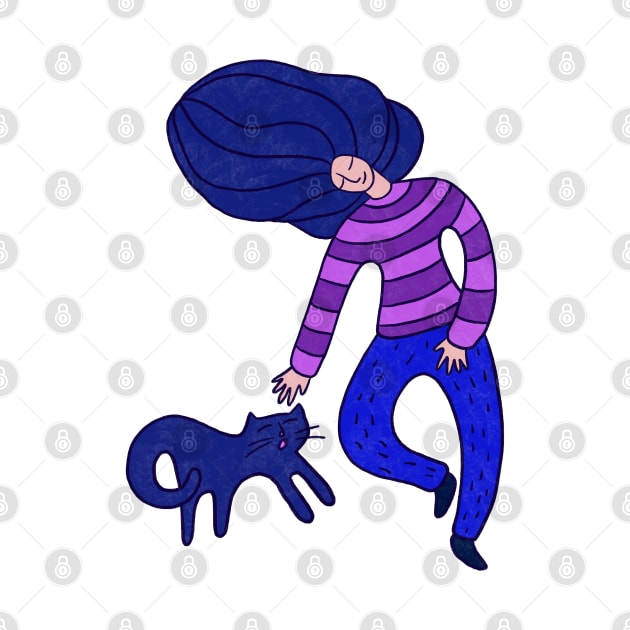 Cool girl with blue hair and blue cat walking, version 4 by iulistration