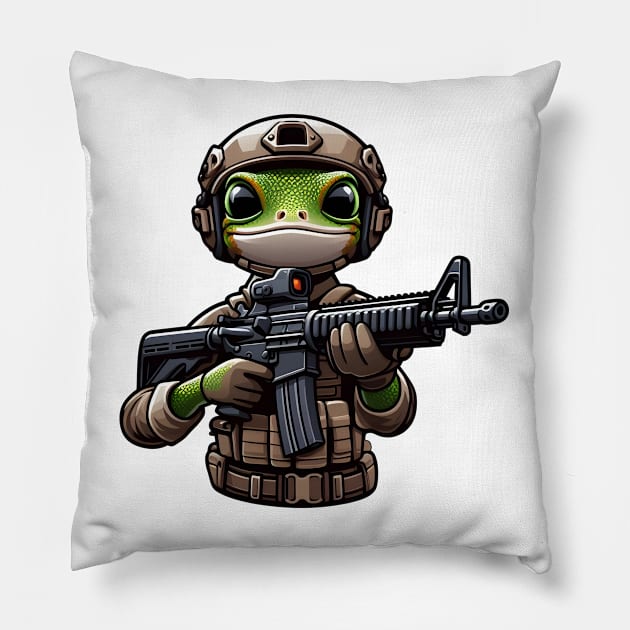 Tactical Gecko Pillow by Rawlifegraphic