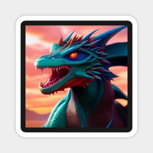 Fierce Blue and Cyan Dragon with Red Eyes Magnet