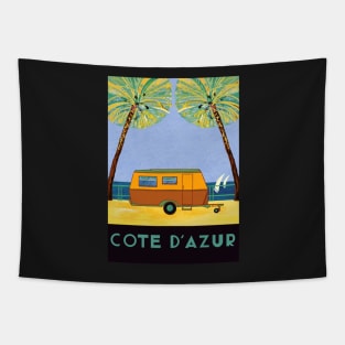 Vintage Caravan by the Ocean under Palm Trees Tapestry