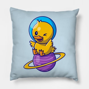 Cute Duck Astronaut Sitting On Planet Cartoon Pillow