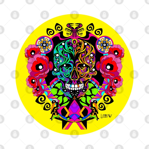 yellow skull in tree of life ecopop in zentangle totonac patterns by jorge_lebeau