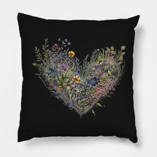 Floral Garden Botanical Print with wild flowers Heart Valentines Pillow