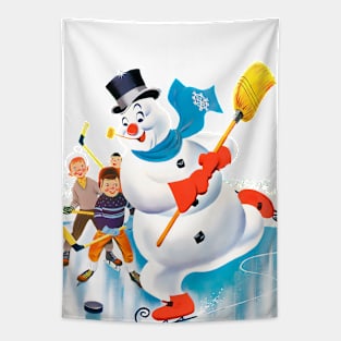 snowman playing ice hockey with a broom next to children on winter holidays retro vintage comic cartoons Tapestry