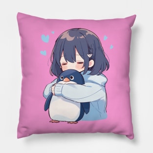 cute girl hugging a penguin Pillow