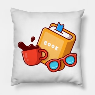 Book, Eyeglasses And Cup Of Coffee Cartoon Pillow